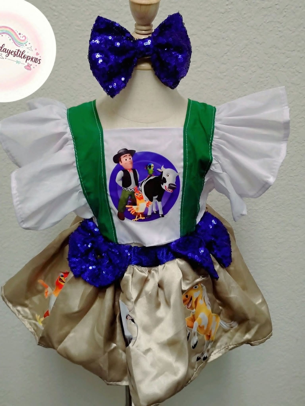 Kids Farm Character Costume Dress with Green Accents and Purple Sequin Bows
